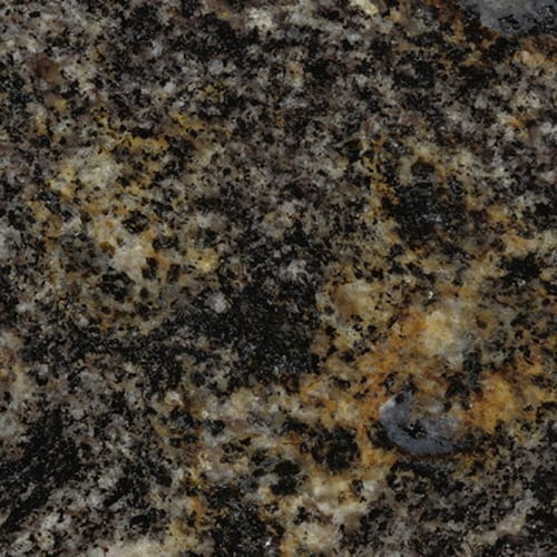 Black Cosmic granite slab face, photographed for the factory catalog — deep warm beige overall.