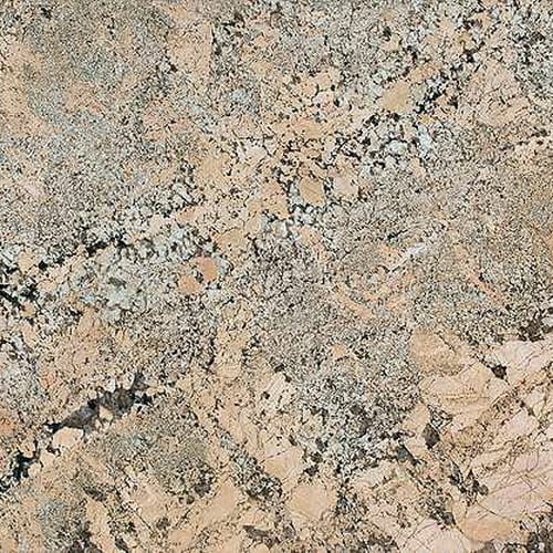 Giallo Argento granite slab face, photographed for the factory catalog — mid-toned warm beige overall.